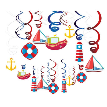 KRISTIN PARADISE 30Ct Nautical Hanging Swirl Decorations, Ahoy Boy Birthday Ceiling Streamers, Baby Shower Theme, Sailor Party S