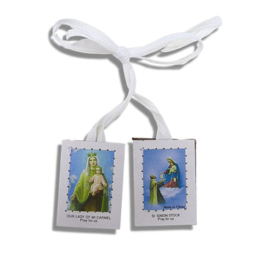 White Scapulars Catholic Necklace, Full Color Our Lady Of Mt Carmel And St Simon Stock Scapular, 5 Pack