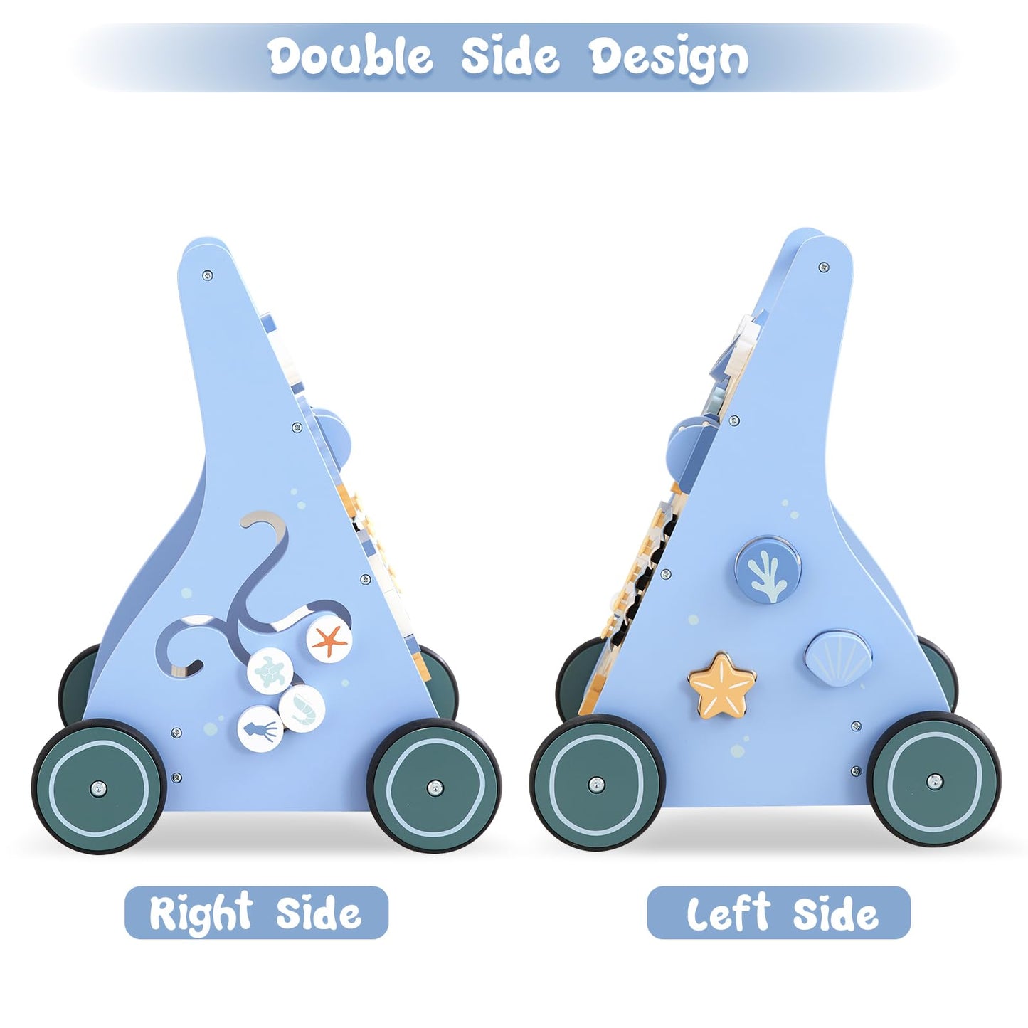 Beright Wooden Baby Walker Push And Pull Learning Activity Walker With Wheels Montessori Walker Toy Multiple Activities Center Develops Motor Skills & Stimulates Creativity (Blue)