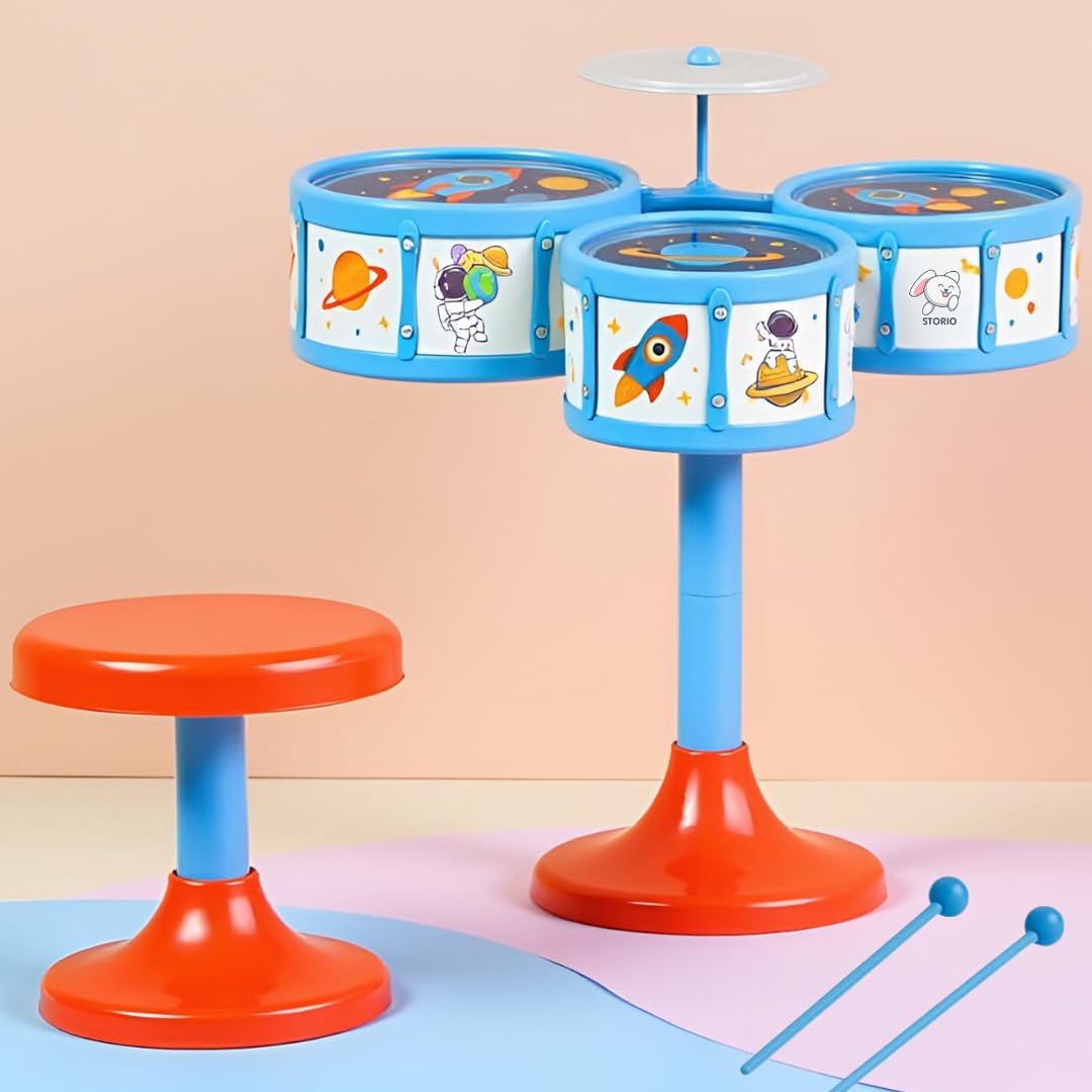 Storio Jazz Drum Set For Kids | Musical Toy Set With 3 Drums, 1 Cymbal, Drumsticks & Stool | Durable Plastic Learning Toy Music 
