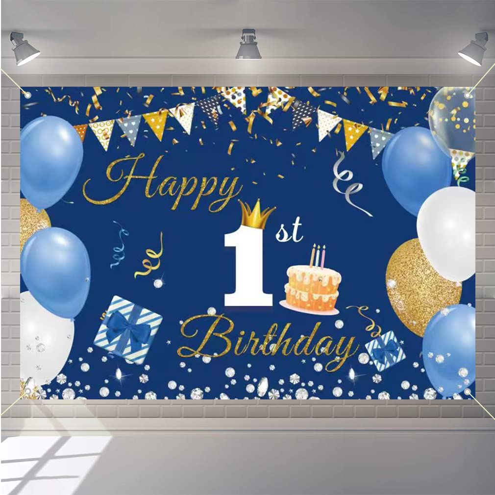 1st Birthday Decorations Happy 1st Birthday Backdrop Party Banner for Boys/Girls Happy 1 Year Old Fabric Sign Poster, Blue Photo
