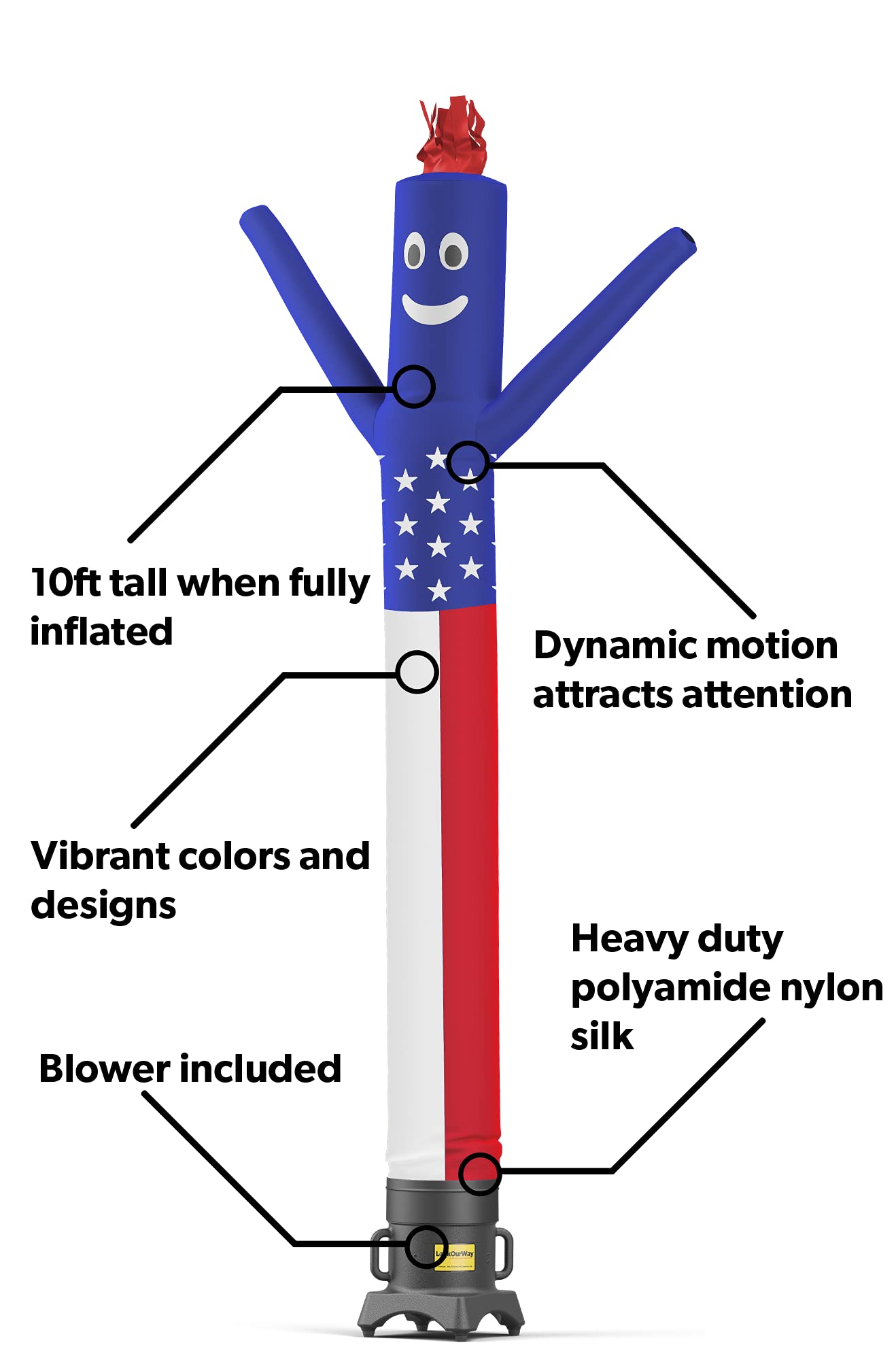 LookOurWay Air Dancers Inflatable Tube Man Set - 10ft Tall Wacky Waving Inflatable Dancing Tube Guy with 12-Inch Diameter Blower for Business Promotion - 4th of July Patriot Theme - American Flag