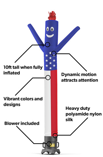 LookOurWay Air Dancers Inflatable Tube Man Set - 10ft Tall Wacky Waving Inflatable Dancing Tube Guy with 12-Inch Diameter Blower for Business Promotion - 4th of July Patriot Theme - American Flag