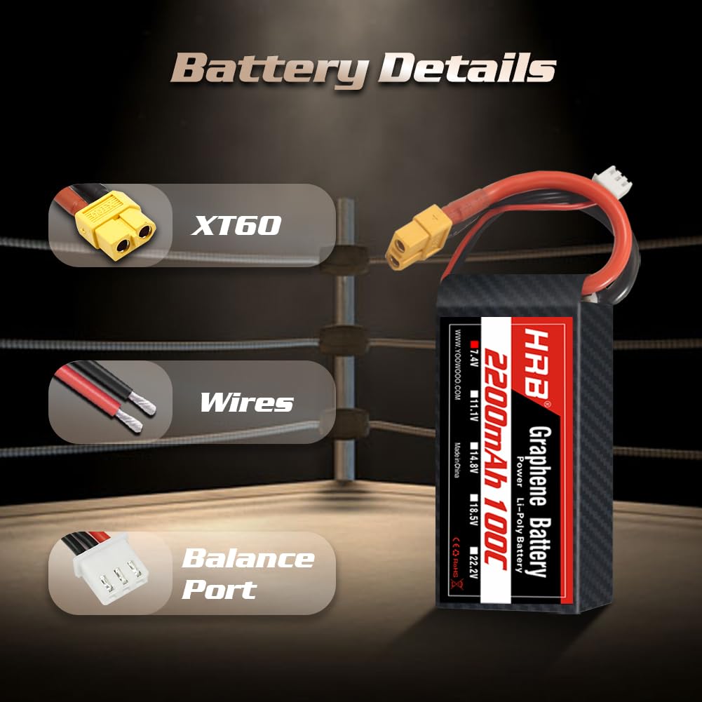 HRB Graphene 2S 2200mAh Lipo Battery 100C 7.4V XT60 RC Lipo Battery Compatible with RC Car RC Truck RC Boat RC Airplane RC Helic
