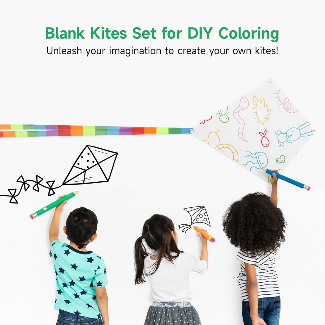 B Bangcool Diy Kids Kite Blank Kites Making Painting White Paper Blank Kites With Swivel Line For Kids Outdoor Park Beach Grassland Activities (10Pcs)