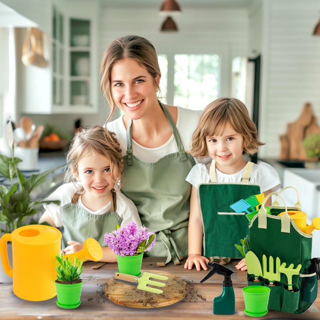 Joi Mew Kids Gardening Tools Set, Garden Toys W/Wooden Handle Alloy Rake,Fork,Trowel, Watering Can,Gloves,Tote Bag,Plant Pots, D