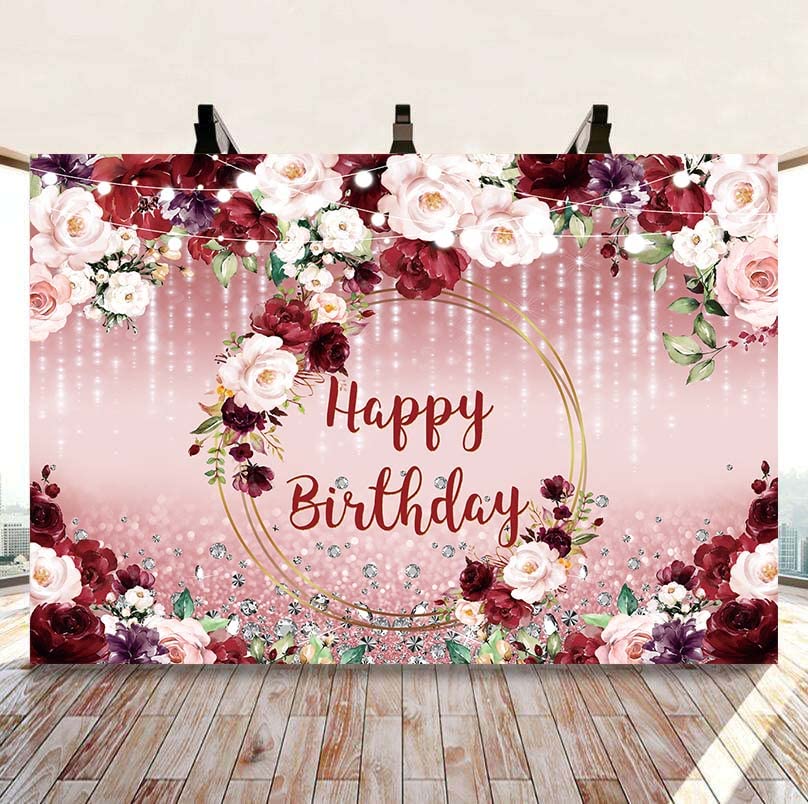 Floral Happy Birthday Backdrop for Women 7x5FT Burgundy Flowers Rose Gold Glitter Bokeh Photography Background Girls Birthday Pa