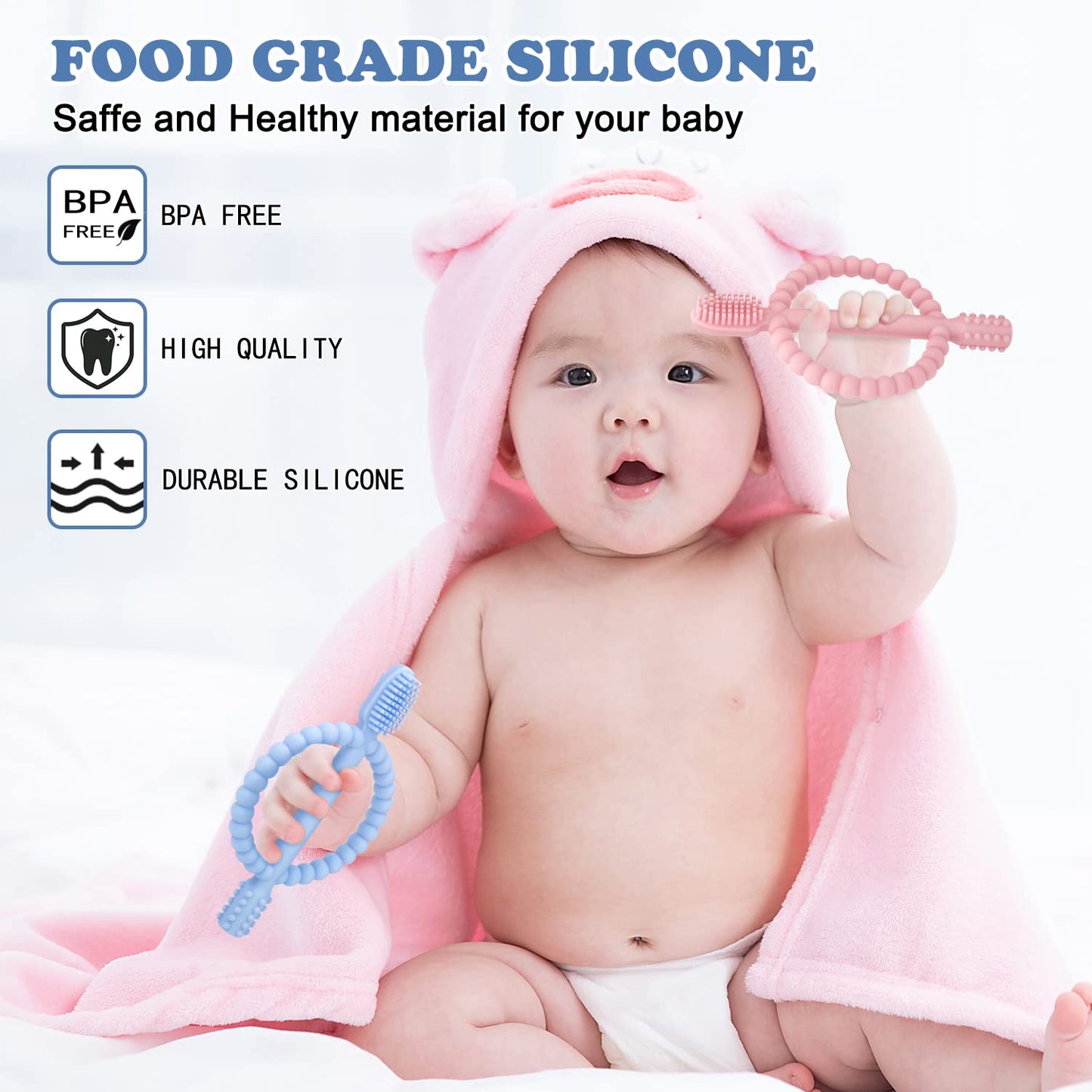 Baby Teething Toys with Easy-Hold Handle, Silicone Infant Toothbrush, Textured On Both Sides Helps Massage, Soothe Sore Gums, Te