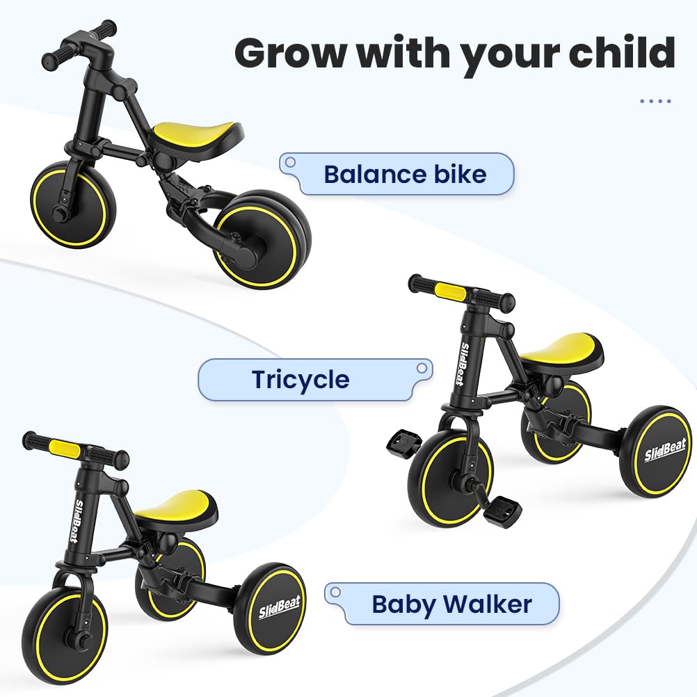 Slidbeat Kids Tricycle 3 In 1 For 2 To 4 Years Old, Toddler Bike With Removable Pedal And Adjustable Seat, Balance Trikes For Bo
