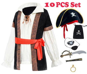 10 Pcs Pirate Costume Kids Coat Pants Hat With Accessories Deluxe Set For Party Cosplay 6-7 Years