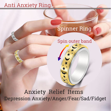 Amorartsky Spinner Ring For Anxiety Relief Fidget: Anxiety Ring For Women Men, Titanium Stainless Steel Spinner Ring, 5 Colors, 6Mm, Size 6, Moon Star Fidget Ring-Gold