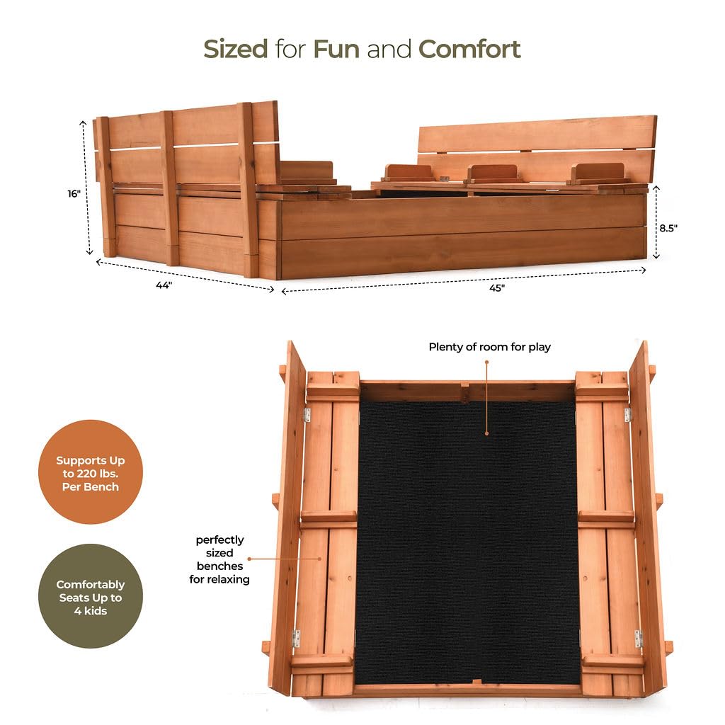 Large Wooden Kids Sandbox With Lid - Outdoor Sand Box For Kids With Cover Sand Protection, Foldable Bench Seats And Bottom Liner