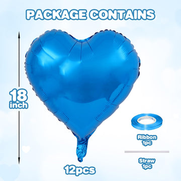 12 Pcs Heart Balloons, 18 inch Blue Heart Shaped Balloons, Big Heart Mylar Helium Balloons, Heart Love Foil Balloons for Wedding