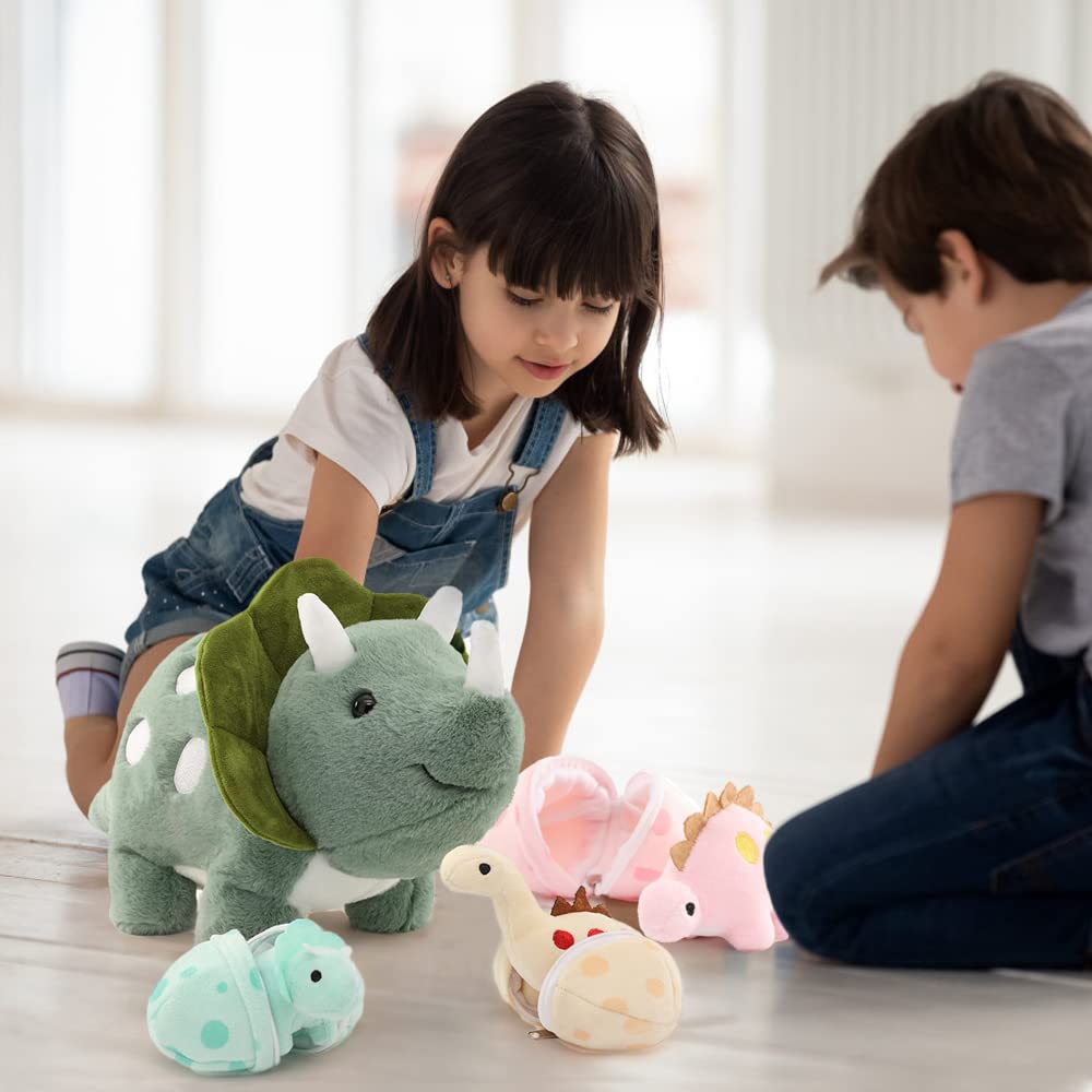 Karister Plush Dinosaur Stuffed Animals Set - Mommy Dinosaur & 3 Babies, 4 Piece Assortment, Multicolor, Soft Polyester