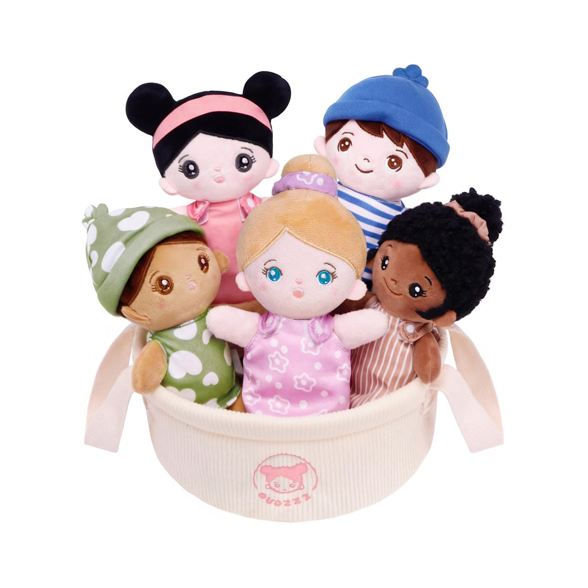 OUOZZZ Soft Baby Dolls, Set of 5 Multicultural 7.5 Plush Dolls in Basket