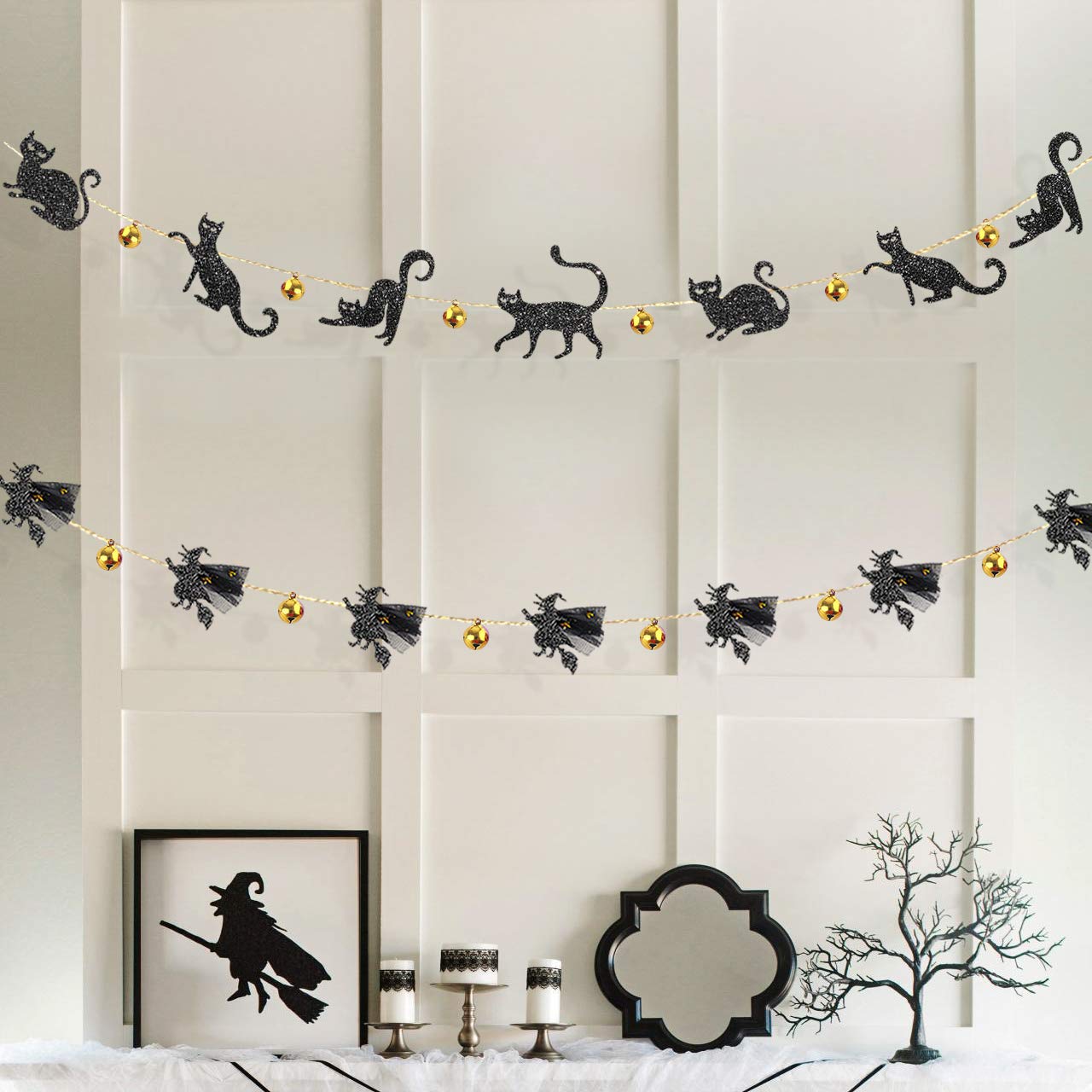 Pinkblume Halloween Party Decorations Kit Jingle Bell Black Cat Banner And 3D Flying Witches Garland For Happy Halloween Theme C
