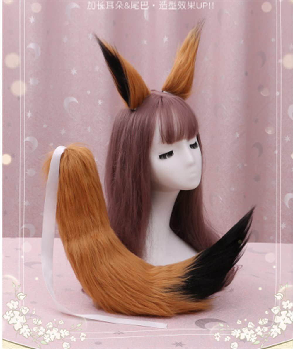 Anime Wolf Fox 25' Plush Tail + 2 Clip Ears Hairpin Headband Prop Plushie Toy Nick Halloween Cosplay New (Brown Black)