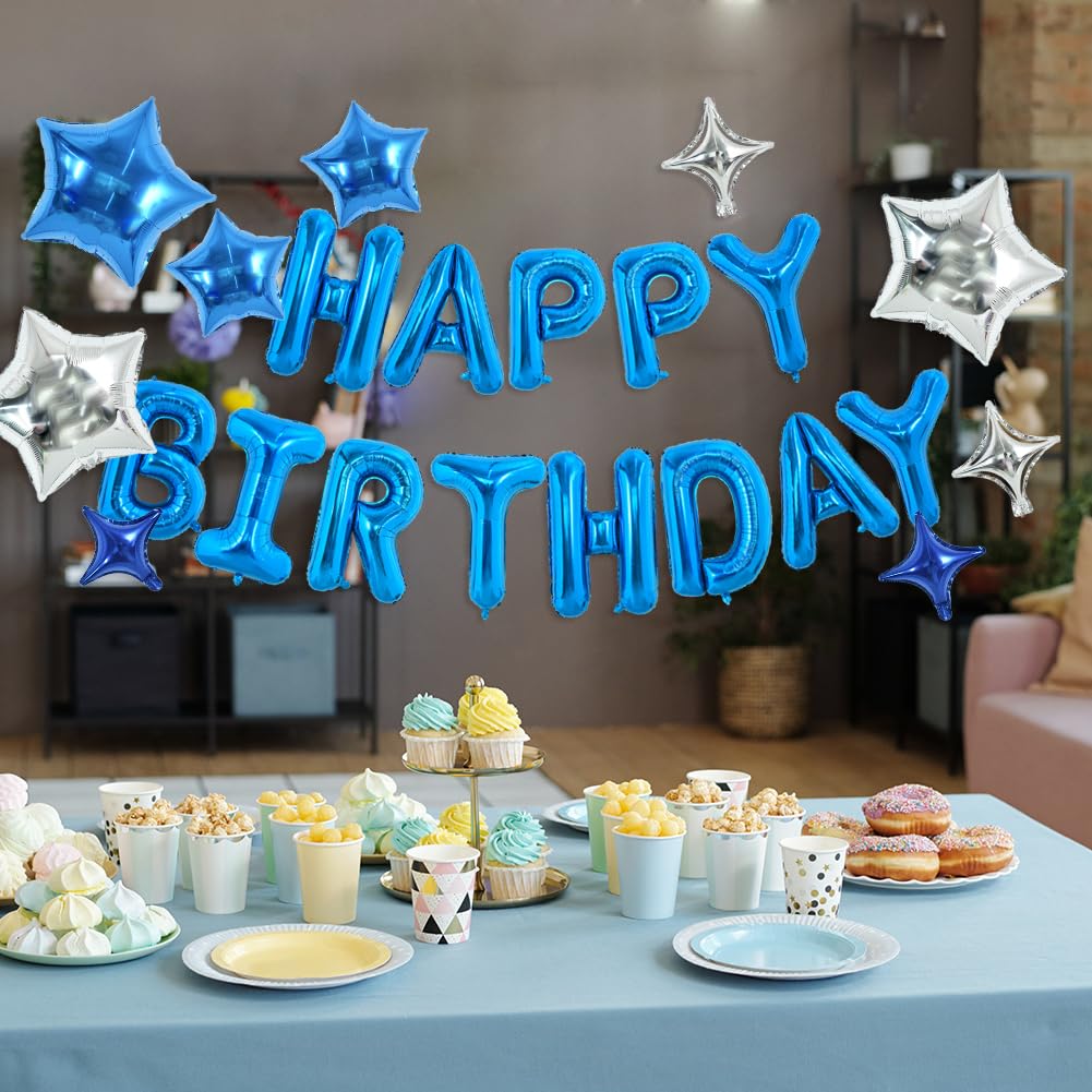 TONIFUL 35PCS 16 Inch Blue Happy Birthday Balloon Blue Happy Birthday Balloons Decorations with Star Balloons for Girls Boys Kid