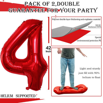 Goer Red Foil Balloons Number 4,Huge Number Balloons For 4Th 44Th Birthday Party Supplies Anniversary Decorations (3 Pcs,42 Inch,32 Inch,16Inch)