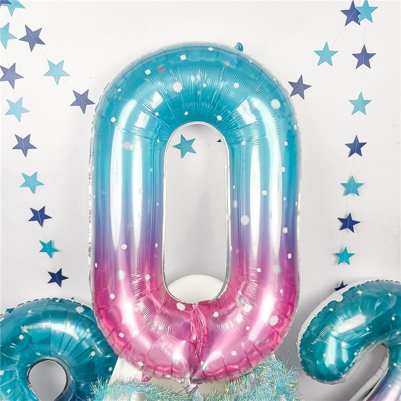 Mermaid Number 0 Balloons 40 Inch, Large Purple Teal Rainbow Number Balloons 0-9 Set, Starry 0 Mylar Foil Balloon Numbers For Gi