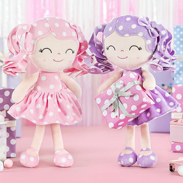 Gloveleya Doll Baby Dolls Plush Baby Doll My First Baby Doll Rag Doll Soft Doll Baby Girl Gifts Curly Hair Purple Pink Polka Dots Dress 12Inches