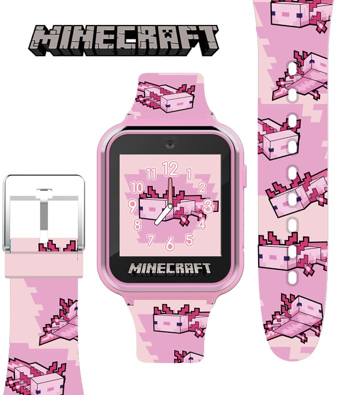 Minecraft Kids Smartwatch – Pink Axolotl Design, 10 Watch Faces, Step Counter, Selfie Camera, Calculator, Games, Voice Recorder, Alarm & Timer, Printed Silicone Straps – Fits Wrists 5.5'-8.0'