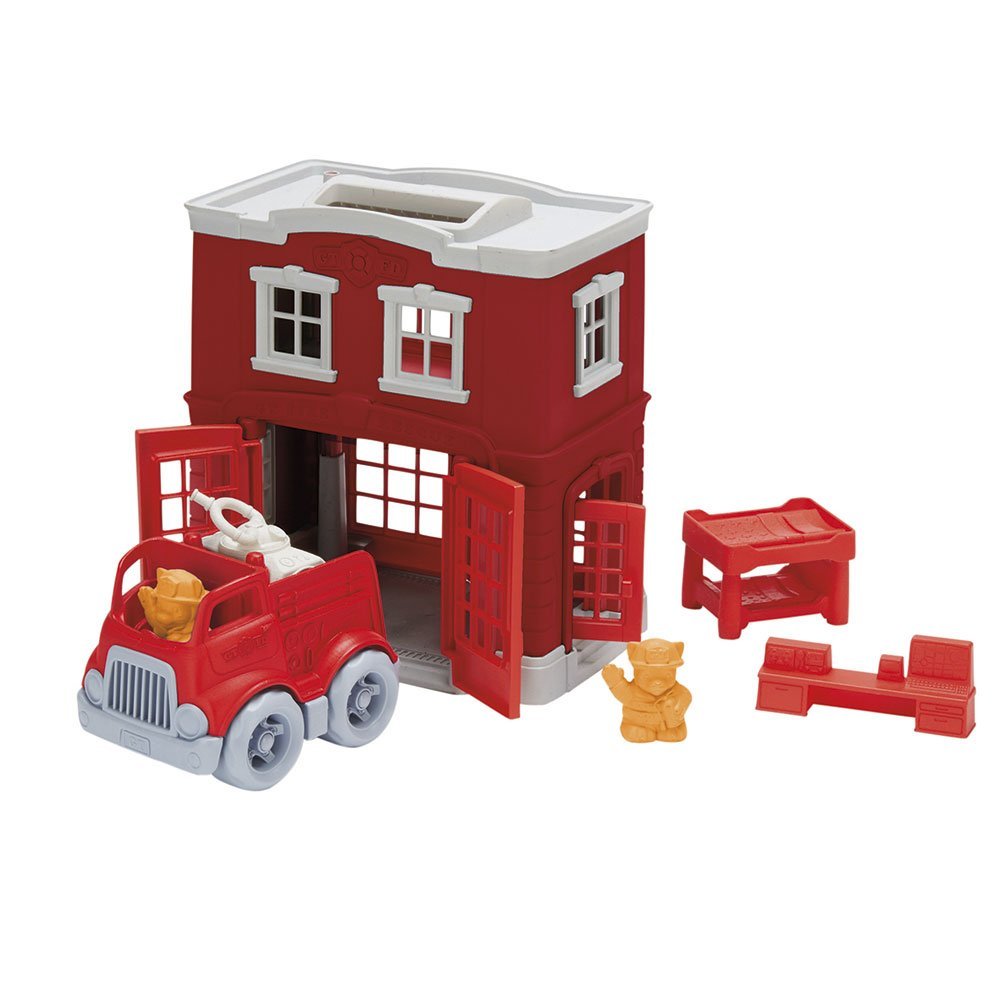 Green Toys Fire Station Playset - 8 Piece Role Play Toy, 100% Recycled Plastic, Multi Color, Model PFIR-1156, Dishwasher Safe