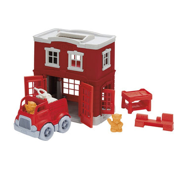 Green Toys Fire Station Playset - 8 Piece Role Play Toy, 100% Recycled Plastic, Multi Color, Model PFIR-1156, Dishwasher Safe