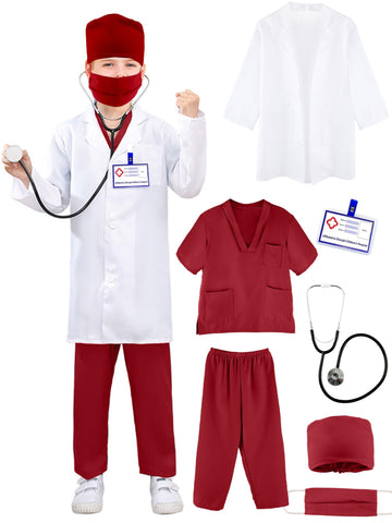 Puteraya Kids Doctor Costume Set - Surgical Suit Uniform With Stethoscope Toys For Boys Girls Dress Up Halloween Cosplay (Set 6,