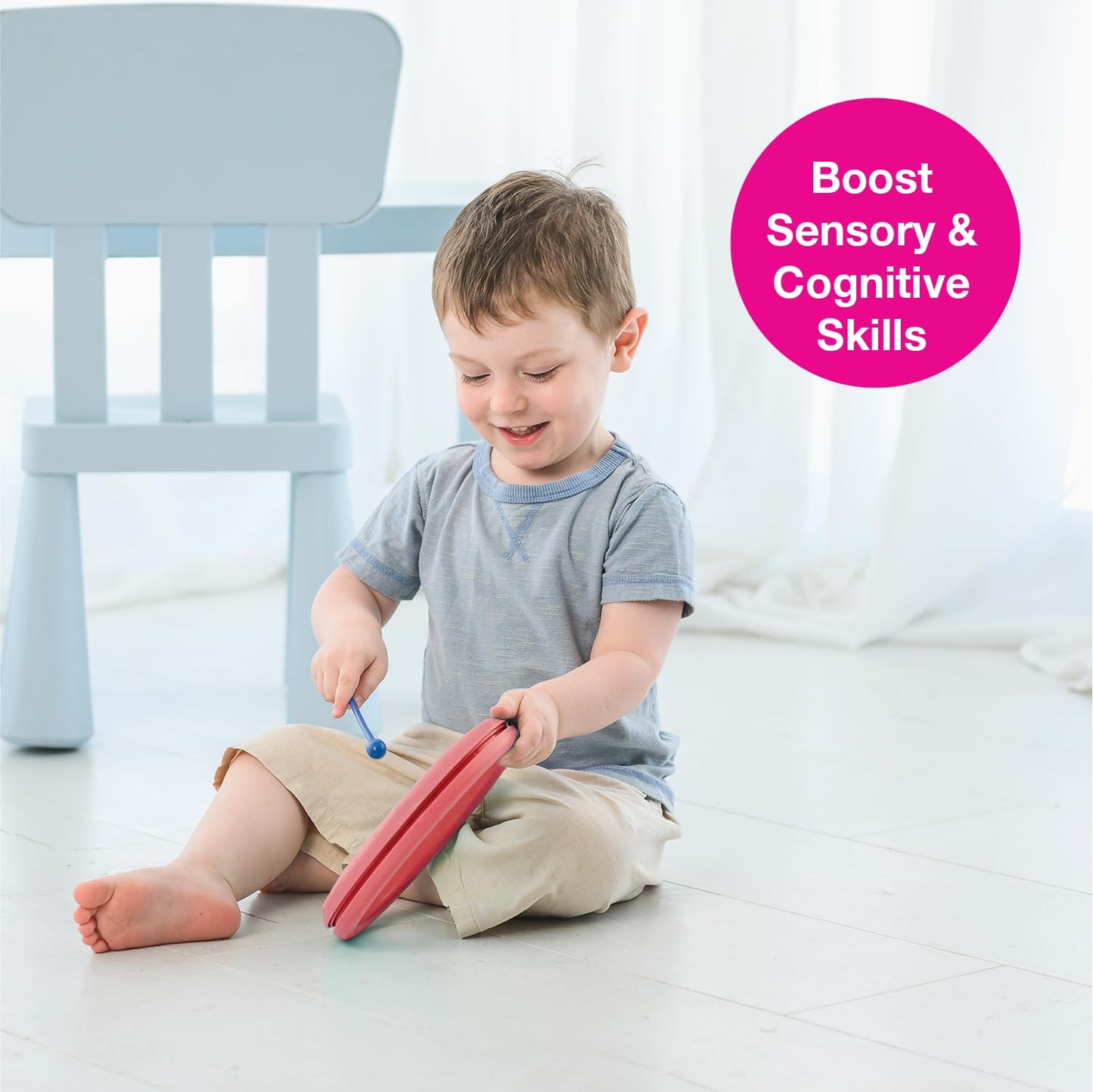 Edushape Classic Flat Drum for Baby with Easy-Grip Mallet - Set of 1 Red Color Baby Drum Toy for Toddlers, 2-Year Old and Up - S