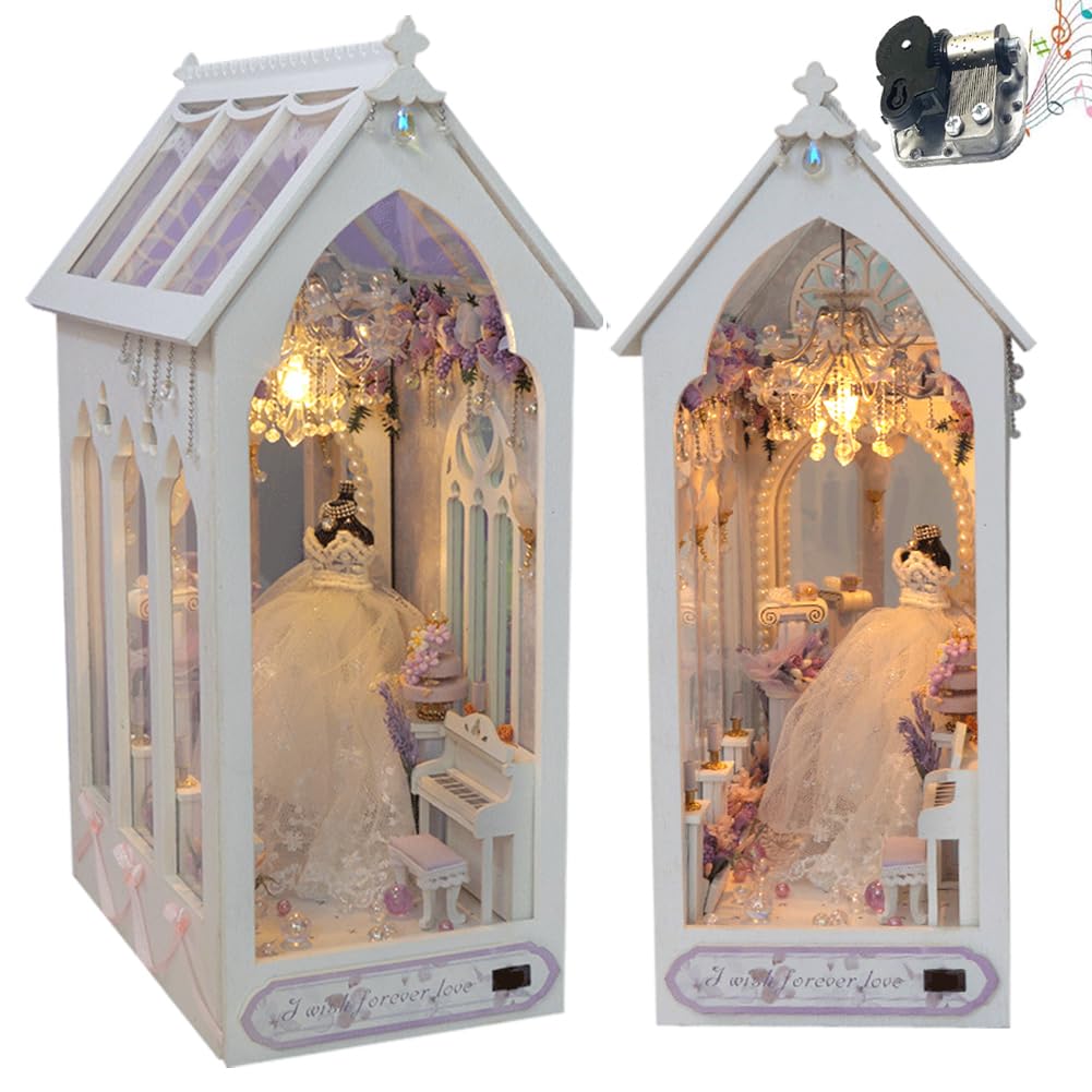 TOPBSFARNY DIY Doll House with Musical Movement  Wedding Theme Book Nook Kit  Illusion Mirror Design Miniature Dollhouse Kit  Booknook Bookshelf Desktop Decor Model Build for mature-themed Wedding Gift