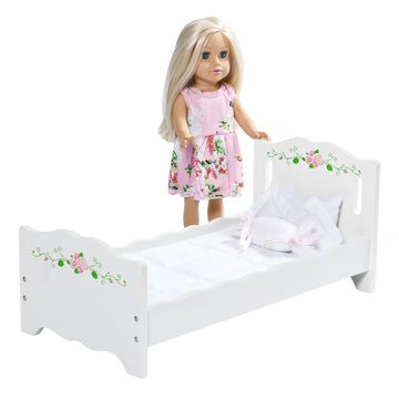 Badger Basket Doll Bed Plus 18 Inch Doll, Includes Bedding And Personalization Kit, White Rose