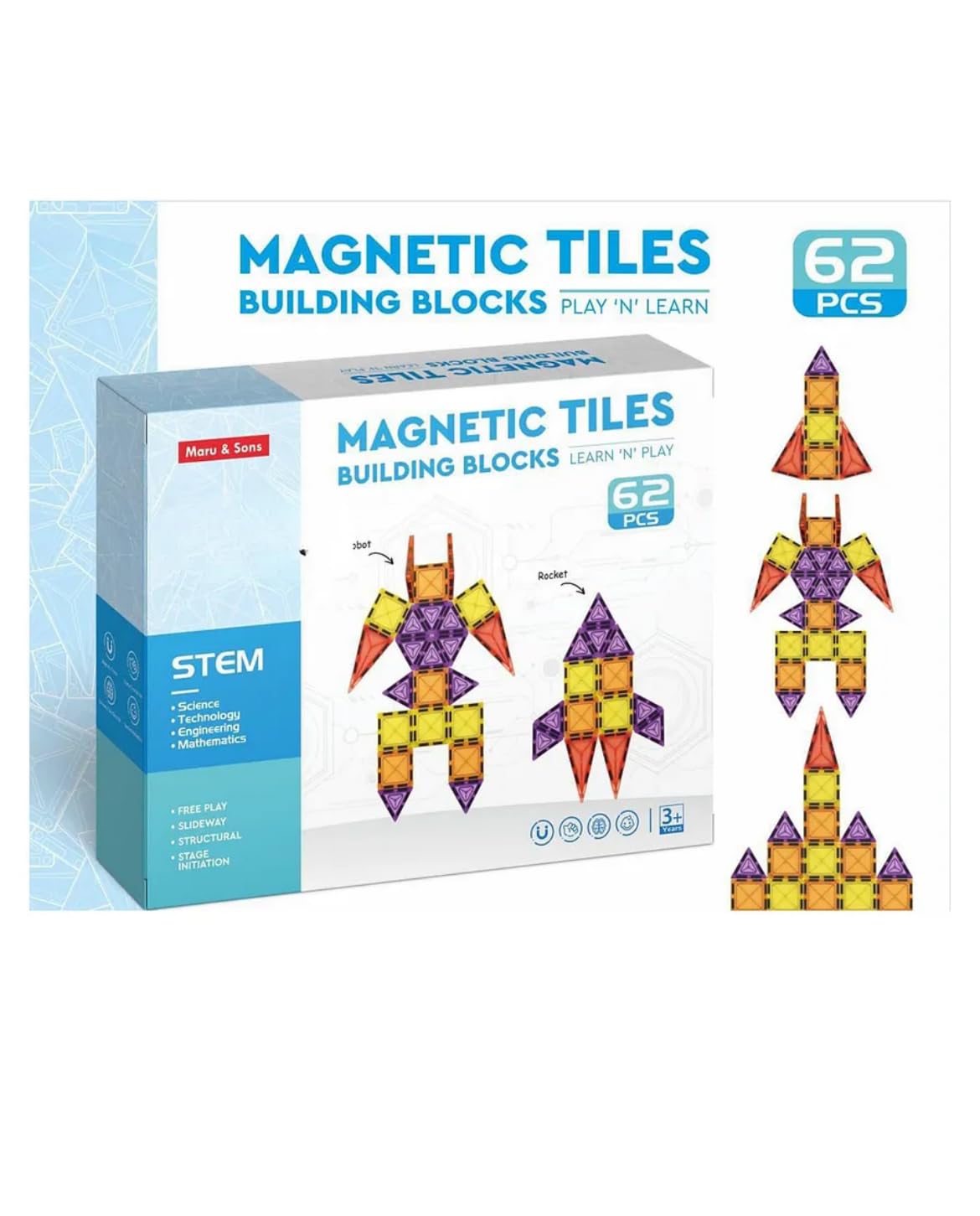 62Piece Magnetic Tiles Building Blocks | STEM Educational Construction Set | Creative Learning Toy for Boys & Girls (3+ Years)