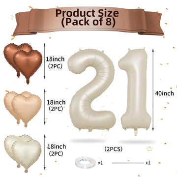 Biapian 40 Inch Cream Number 21 Balloons, 8Pcs Large Foil Number 2 & 1 Balloons With 18'' Cream White Heart Balloon For 21St Yea