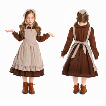 Aimeiar Pioneer Girl Costume Colonial Prairie Dress With Scarf, Dress, Apron Coffee (3T-4Yrs)