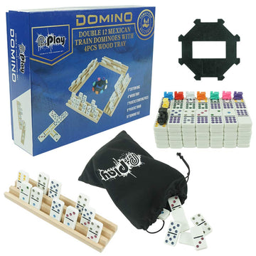 Pureplay Mexican Train Dominoes Set - Double 12 Colored Dot Dominoes - Includes 91 Tiles With 9 Trains, 4 Wooden Trays And Storage Bag For 2-8 Players Ages 8+