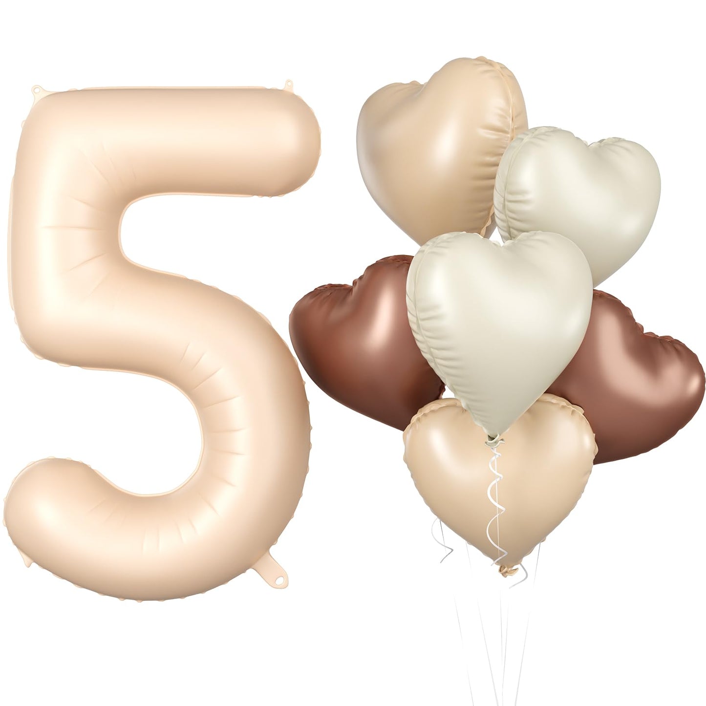 Biapian 40 Inch Light Brown Number 5 Balloons, Apricot Large Number 5 Balloon With 18'' Retro Foil Heart Balloons Helium For Neu