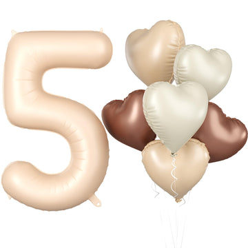 Biapian 40 Inch Light Brown Number 5 Balloons, Apricot Large Number 5 Balloon With 18'' Retro Foil Heart Balloons Helium For Neu
