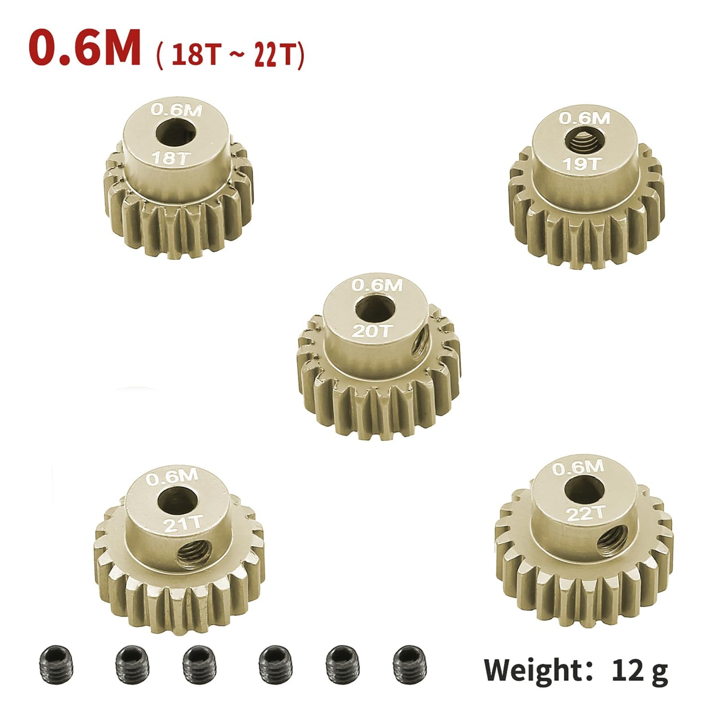 M0.6 Pinion Gear Set 3.175Mm 18T 19T 20T 21T 22T 5Pcs 7075Aluminum Alloy Metal Pinion Motor Gear For 1/10 Rc Car Brushed Brushle