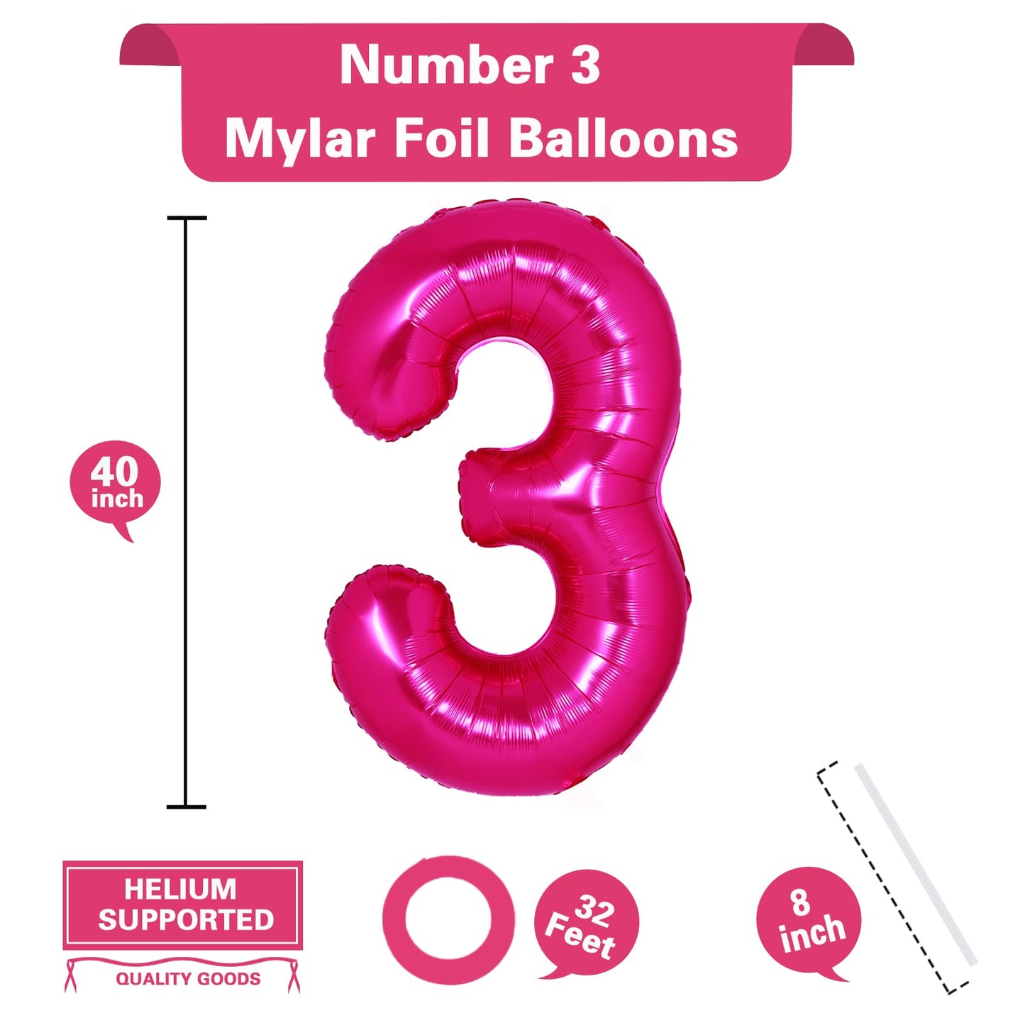 40 Inch Giant Hot Pink Number 3 Balloon, Helium Mylar Foil Number Balloons For Birthday Party, 3Rd Birthday Decorations For Kids