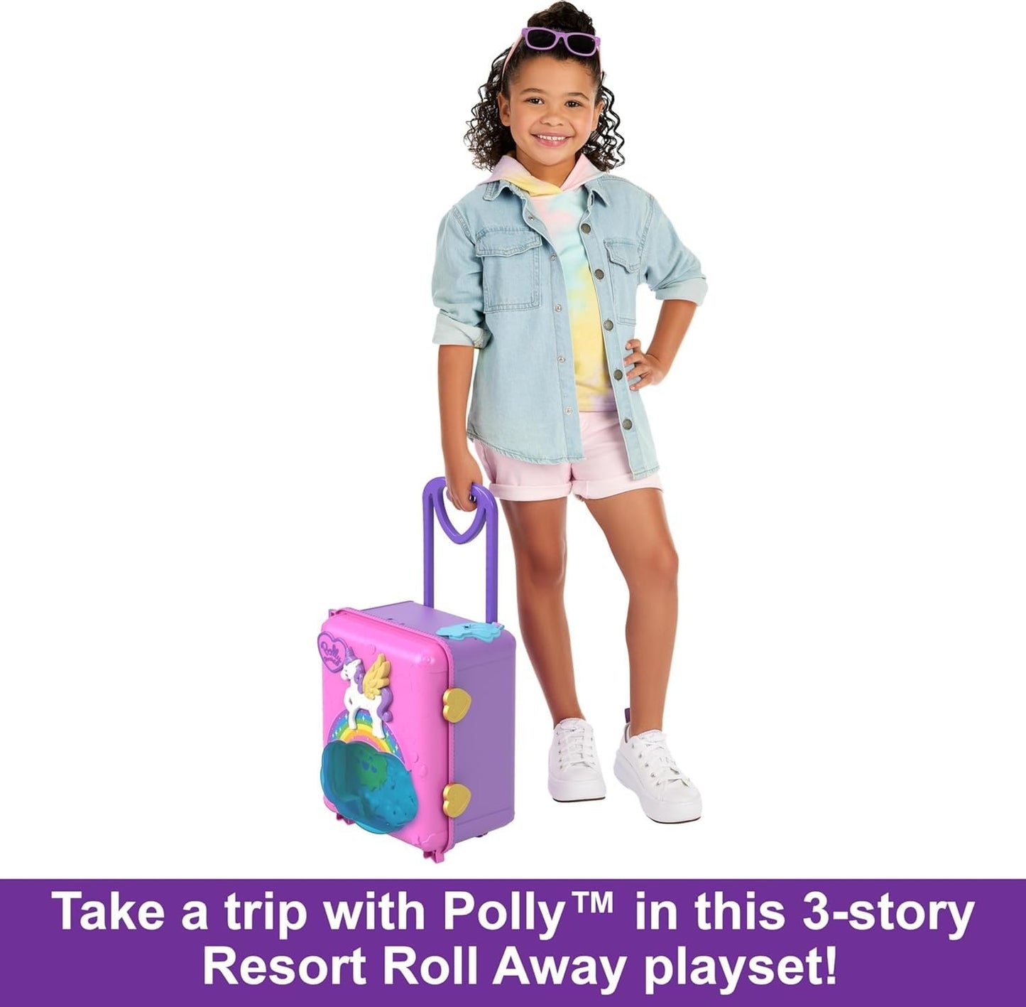Polly Pocket Pollyville Playset - Resort Rollaway Suitcase with 4 Dolls, Car, 25+ Accessories, Multicolor, Medium Size, Model HKV43