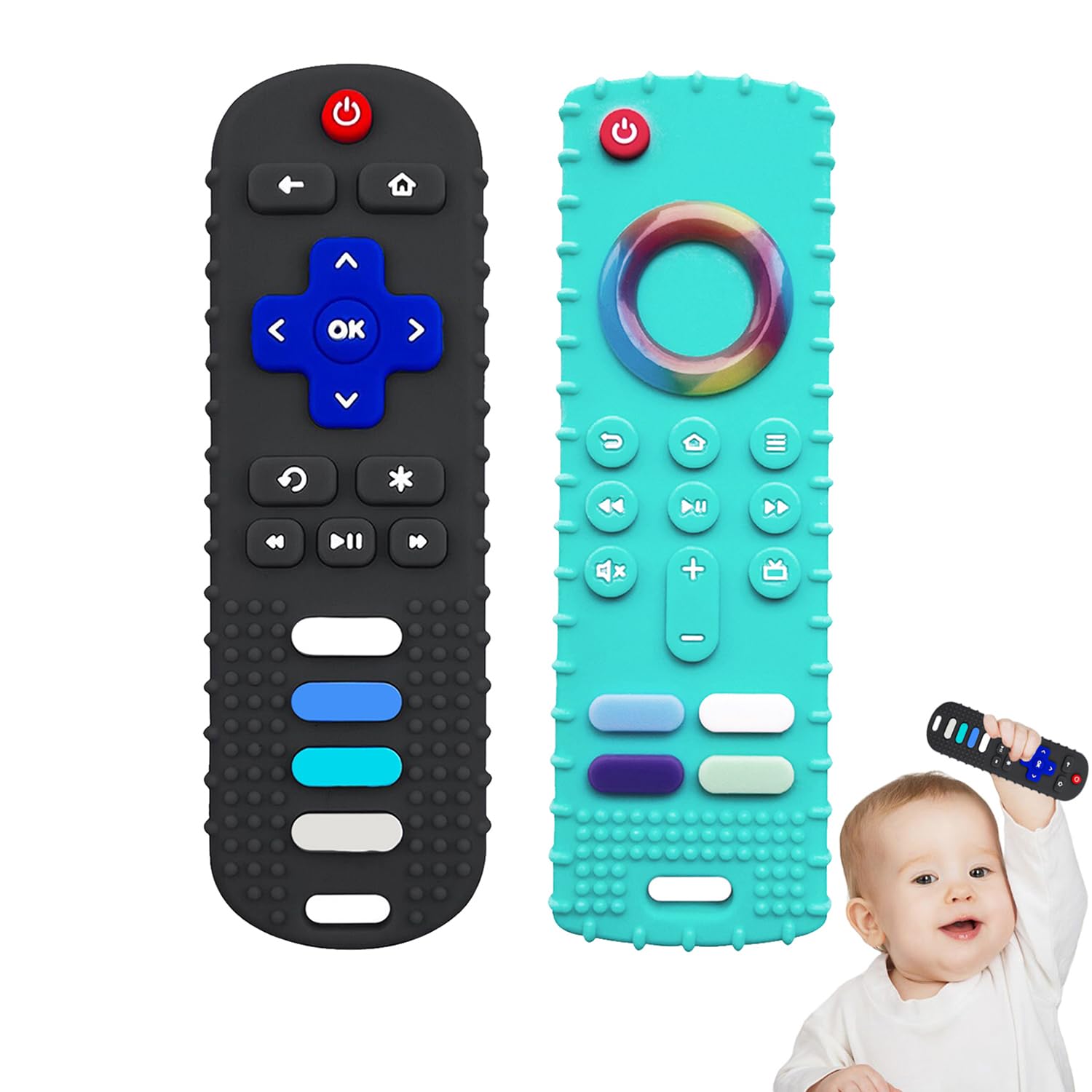 Yapromo Baby Teething Toys,Reomte Teether Toys, Silicone Chew Toy For Babies 18+ Months, Remote Control Shape Teething Toys, Early Educational Toy Bpa Free & Refrigerator Safe (Black01&Green02)