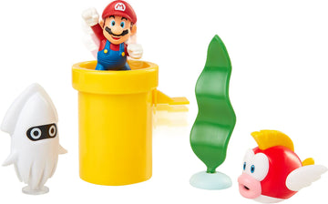 Nintendo Super Mario Underwater 2.5' Figure Diorama Play Set, Includes: Mario, Cheep-Cheep, Blooper, Mechanical Warp Pipe, Spinning Water Plant & Two Coins