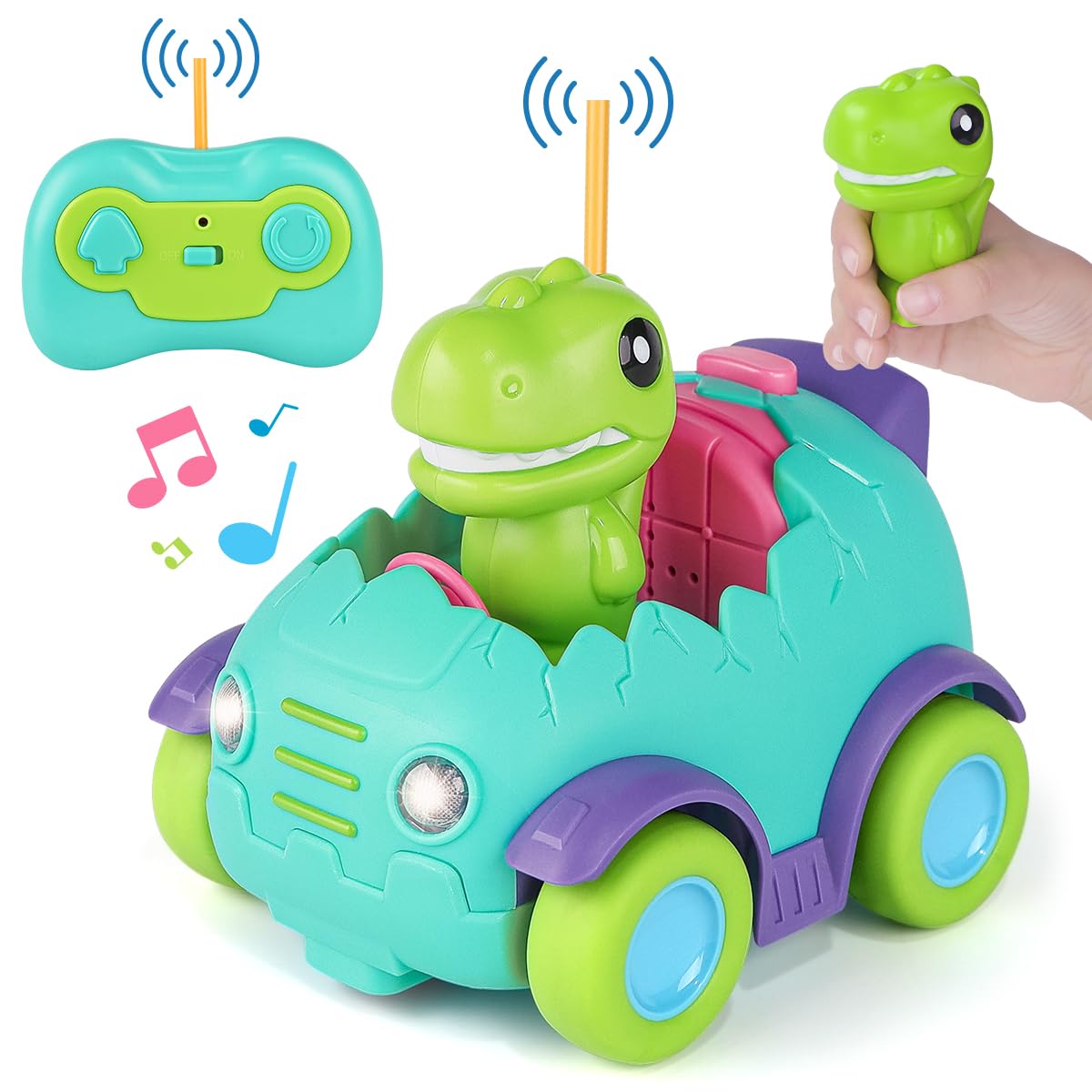 Nueplay Remote Control Car for Toddler Age 2 3 4 5, Electric RC Car Toys with Light & Music, Toddler Dinosaur Toys, Dino Race Ca