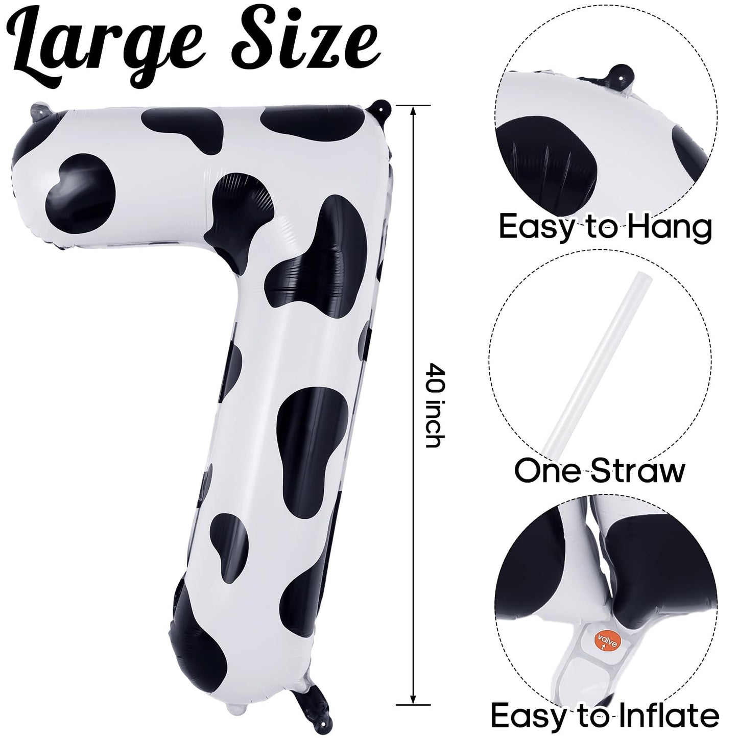 Cow Print Number 7 Balloon, Large 40 Inch Cow Number Birthday Balloons, Foil Mylar Number 7 Balloons For 7 Year Old Birthday Par
