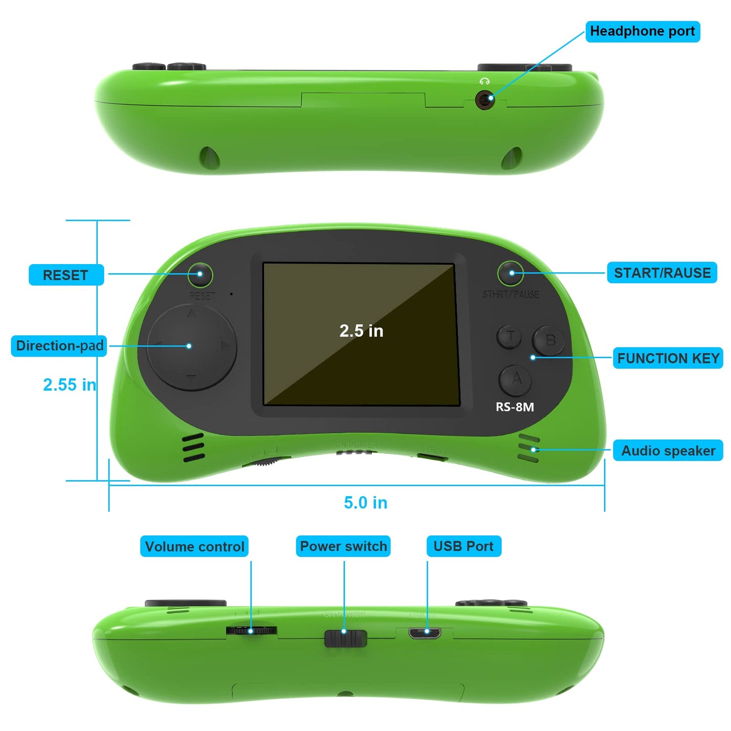 E-MODS GAMING 16 Bit Retro Handheld Game Console - 220 HD Games, 2.5" LCD, Portable, Lime Green, Ideal for Kids Ages 4-12