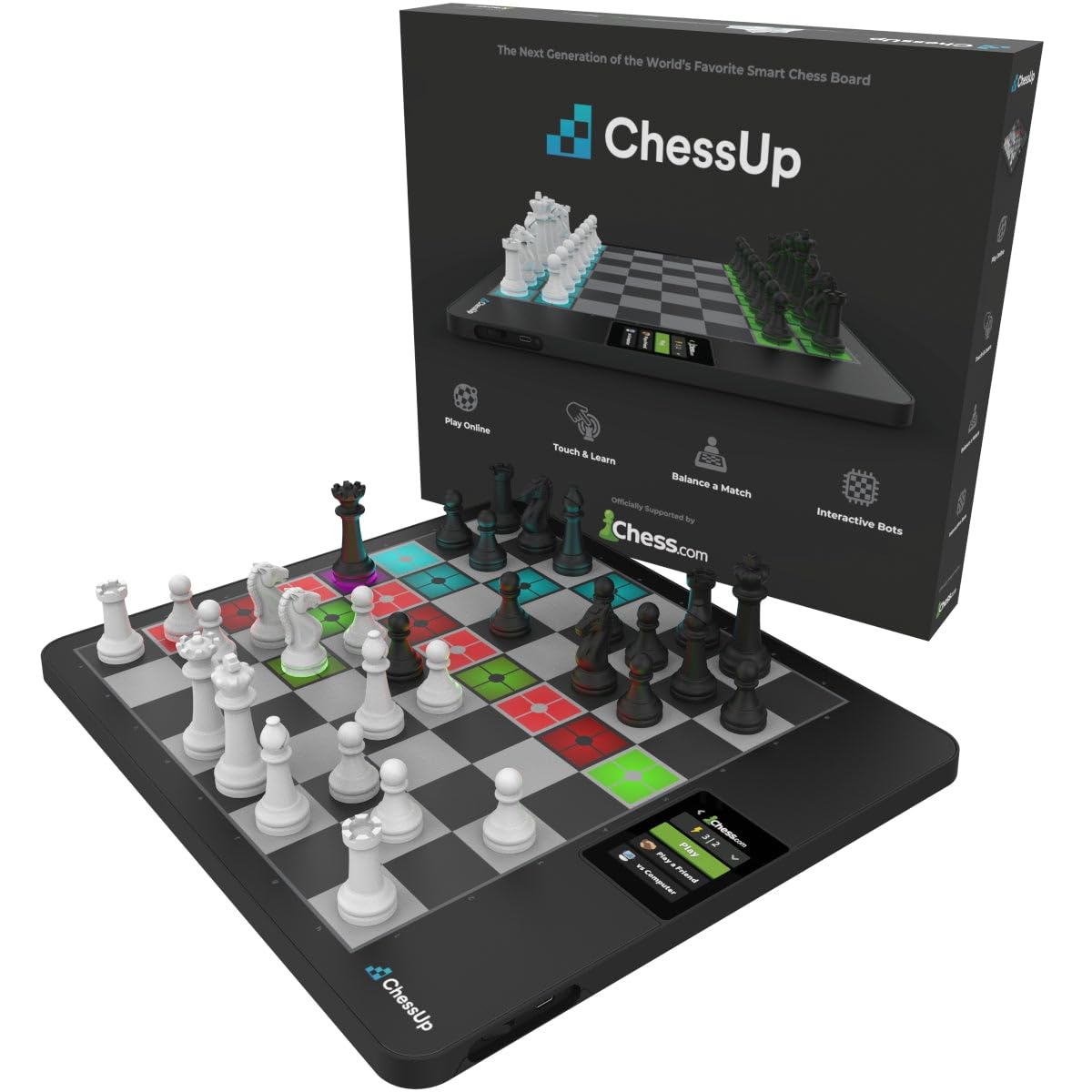ChessUp 2 - Electronic Chess Board by Bryght Labs - Built-in WiFi  Chess Engine - Includes Chess Set TouchSense Pieces - Light Up Smart Chess Board - with AI  Lessons  Wireless Play & Companion App