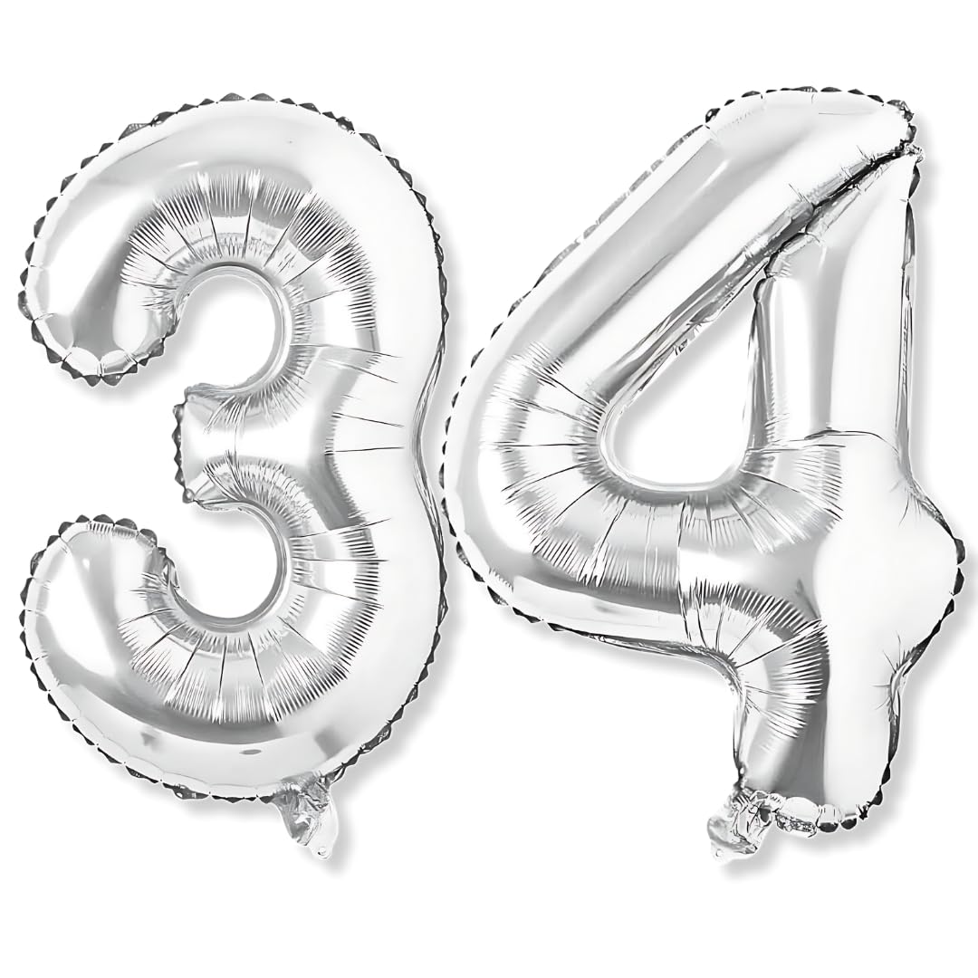 Flyloons 34 number Silver Foil Balloon 16 inch Size Birthday Decoration Items Pack of 2 | 34th Year Balloons | Thirty Four