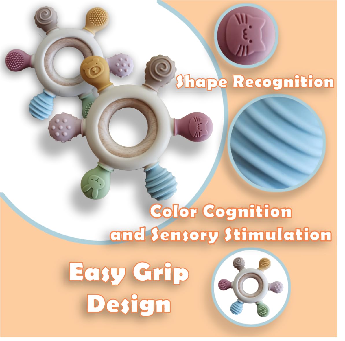 [Babybite] Baby Teething Toys Silicone And Beechwood Baby Teether Ring For Sensory And Developmental Play For Baby And Toddler 1