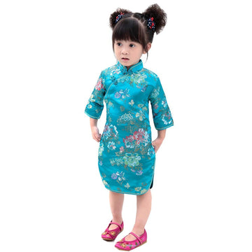 Hooyi Chinese Girls Dress Peony Rose Qipao Half Sleeve Cheongsam Wedding Dresses Princess Birthday Party Costume (Blue,16)